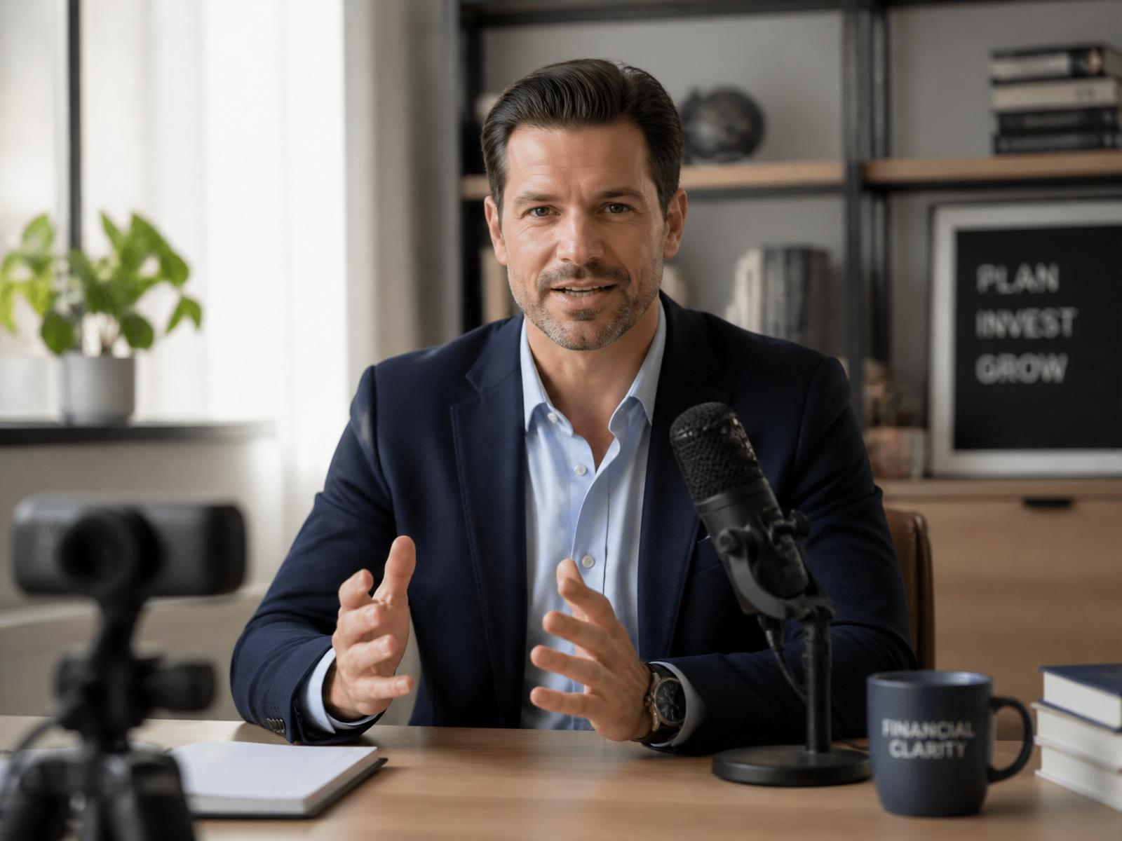 Financial advisor recording an educational video interview in a studio setup